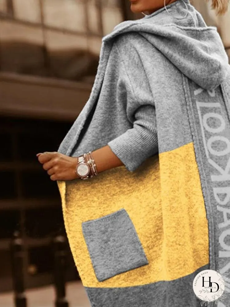 Coats Colorblock Pocket Hooded Long Cardigan Coat for Women