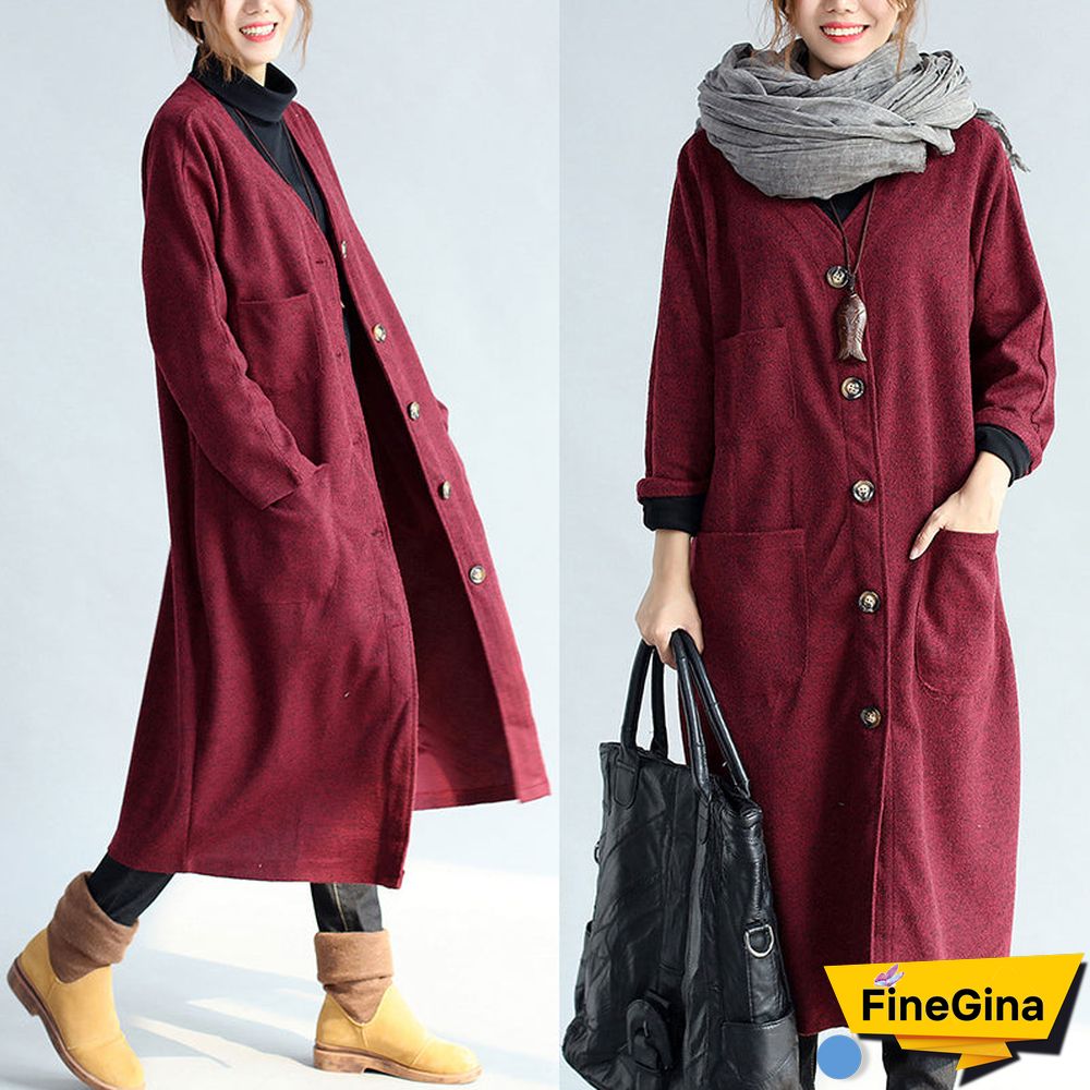 red winter cotton cardigans plus size long sleeve woolen vintage trench coats