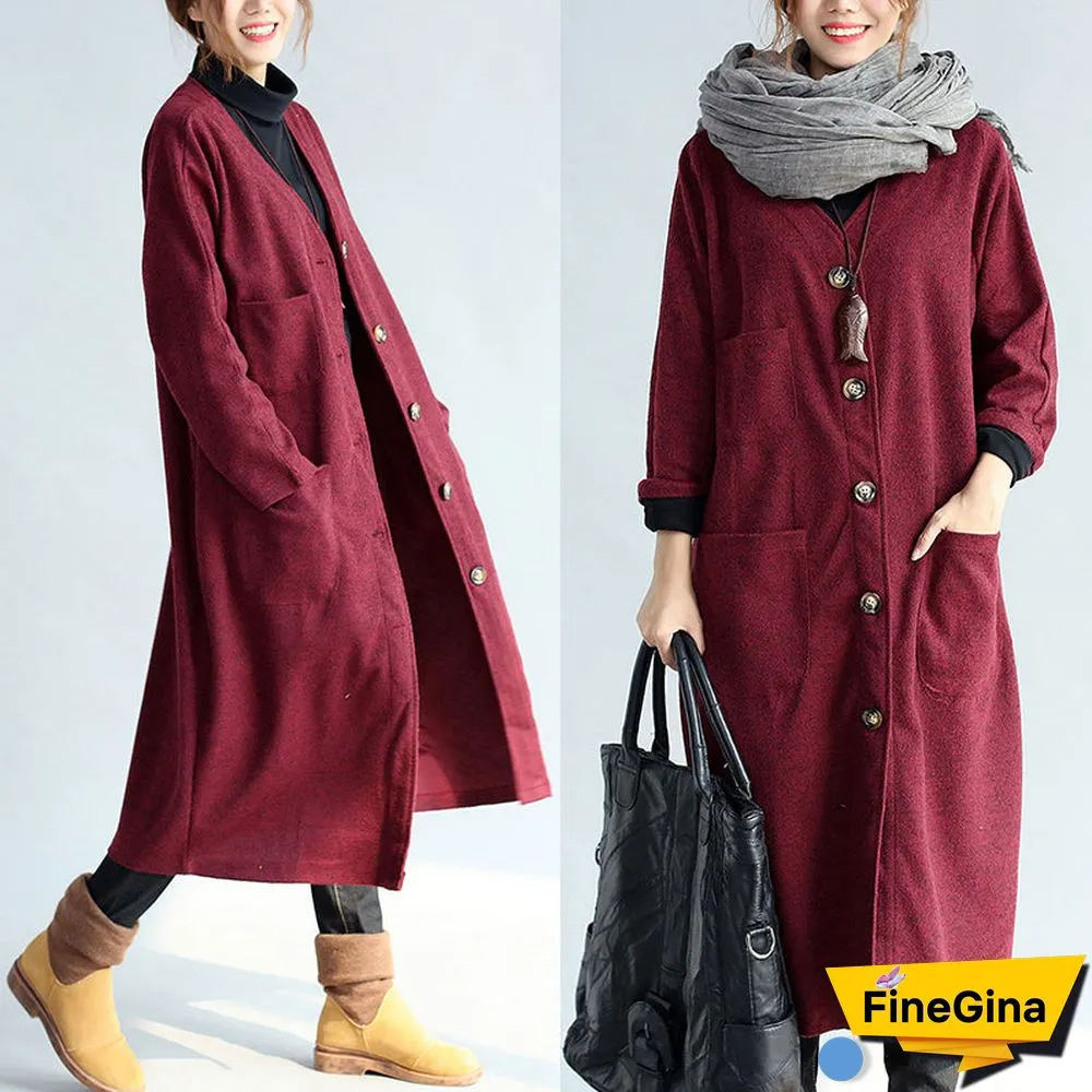 red winter cotton cardigans plus size long sleeve woolen vintage trench coats