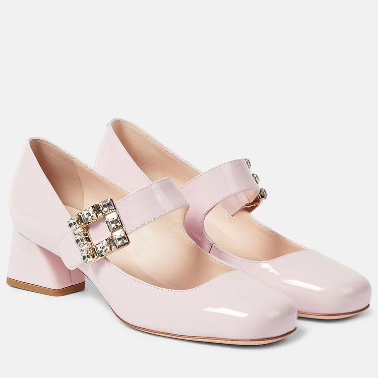 Pink Patent Leather Crystal Buckle Mary Jane Shoes with Block Heels |FSJ Shoes