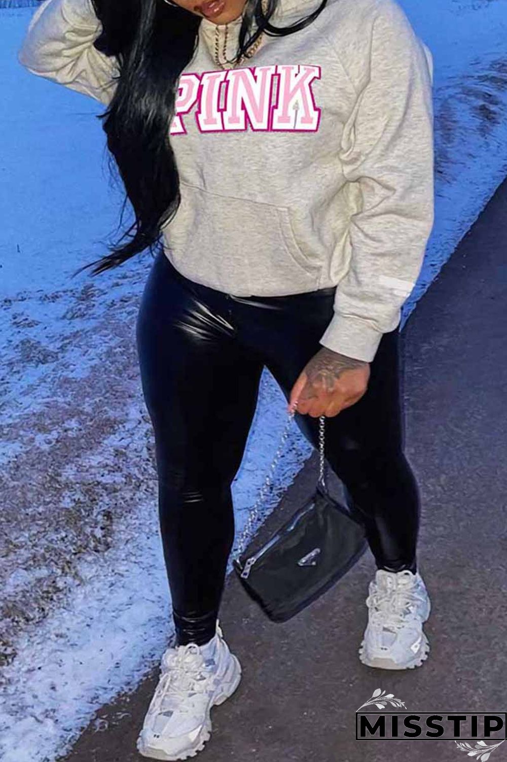 Grey Casual Print Letter Hooded Collar Tops