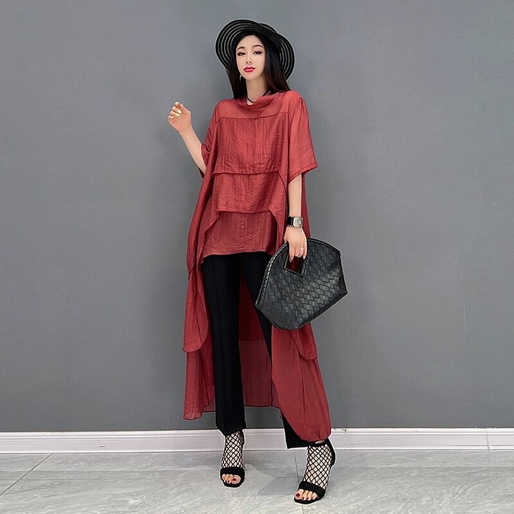 Fashion Loose Solid Color O-neck Short Front Long Back Short Sleeve Top