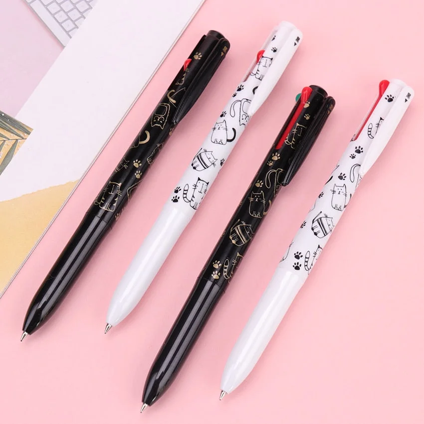 4 In 1 Four-Color Black And White Cat Multicolor Ballpoint Pen Lovely Office Student Stationery Supplies