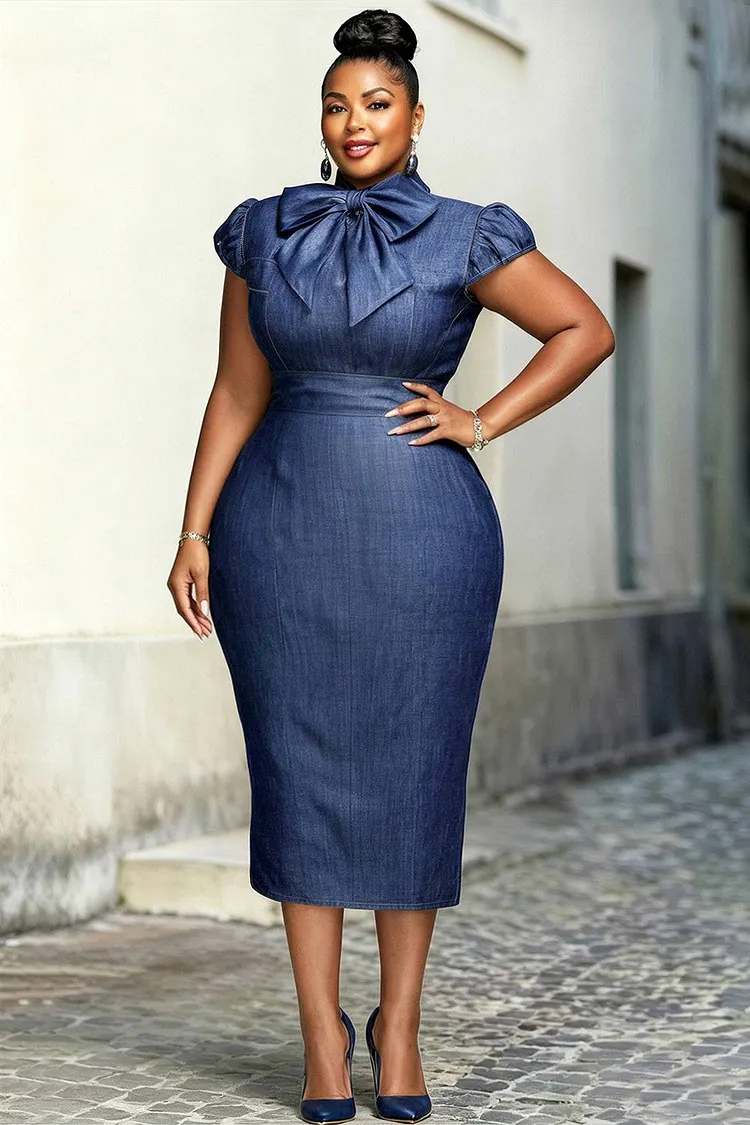 Xpluswear Design Plus Size Business Casual Blue Short Sleeve Bodycon Bow Tie Tencel Denim Midi Dresses [Pre-Order] 2024 - Xpluswear