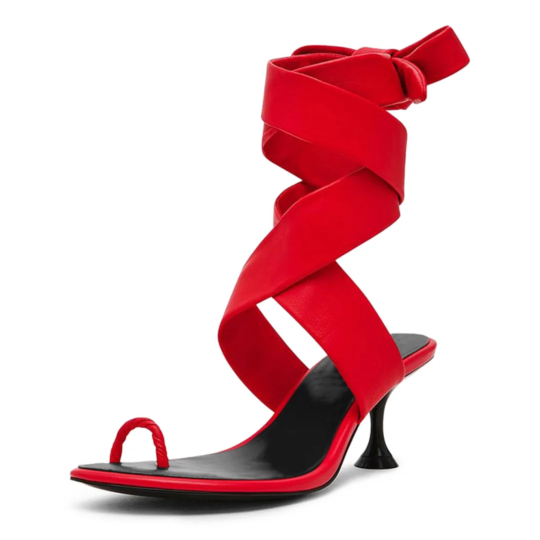 Women's Red Round Toe Mid Flared Heel Strappy Sandals with A Ring