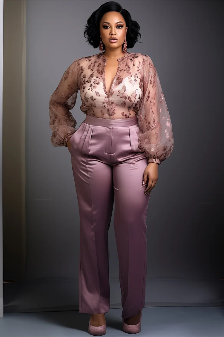Xpluswear Design Plus Size Mother Of The Bride Satin Pink Round Neck Lantern Sleeve Long Sleeve See Through Pocket Organza Two Piece Pant Sets [Pre-Order] 2024 - Xpluswear