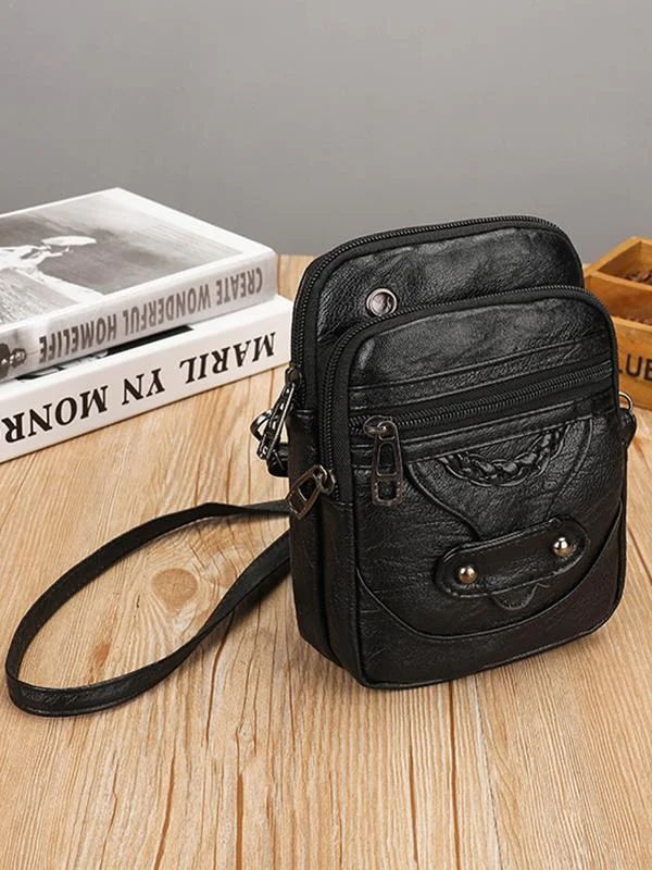 Vintage Studded Washed Leather Crossbody Bag