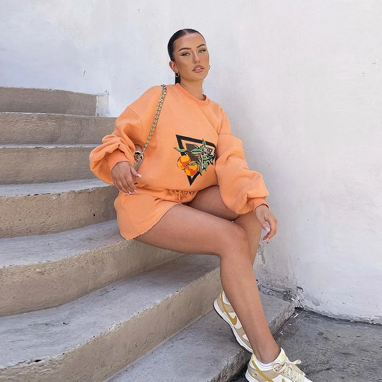 PASUXI Cute Women's Fruit Graphic Sweatshirt and Shorts Set Chic Casual Loungewear huanwei