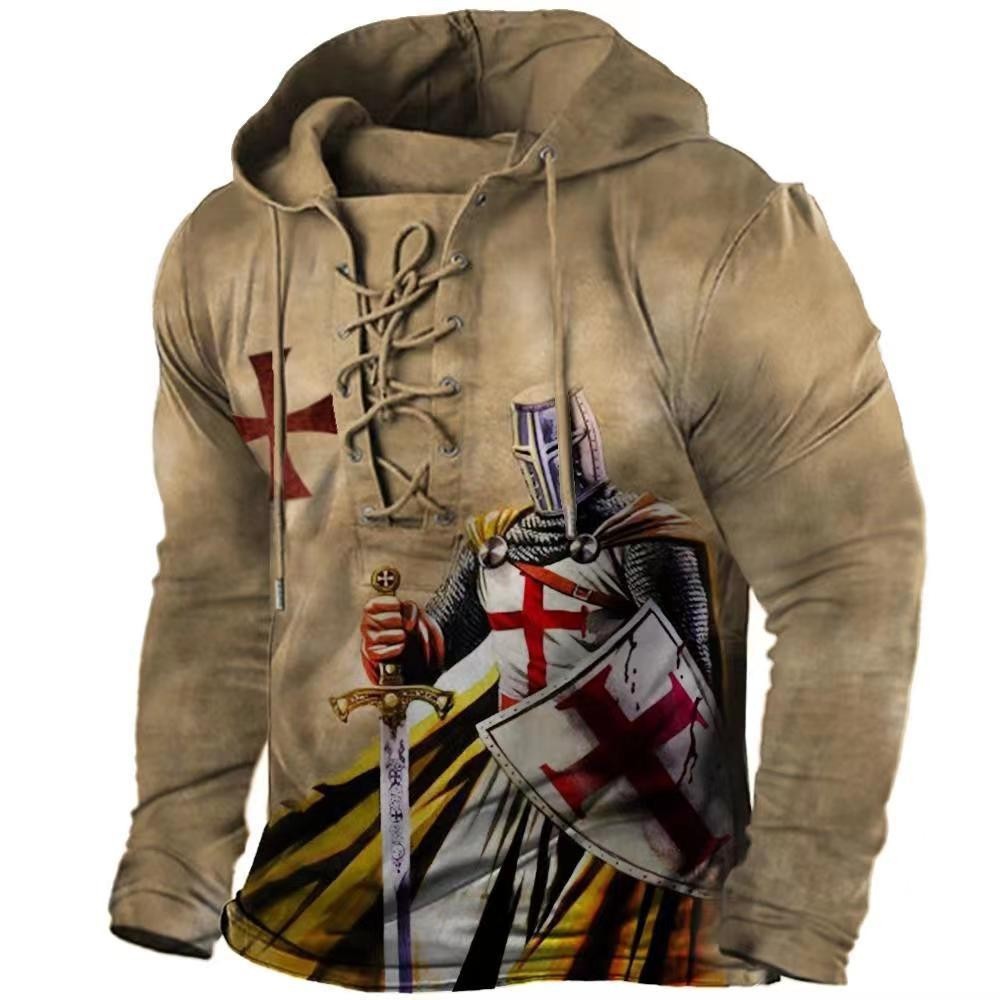 Men's Outdoor Vintage Lace-Up Hooded Long Sleeve Sweater Men's T-Shirt
