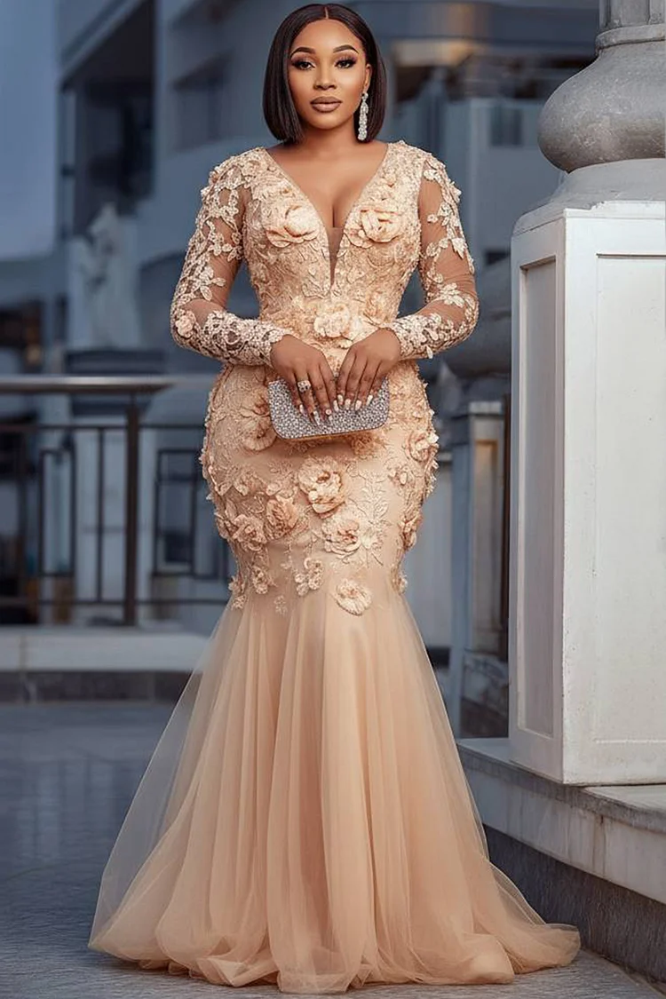Xpluswear Design Plus Size Formal Tulle Champagne V Neck Long Sleeve  Mermaid 3D Lace Maxi Dresses