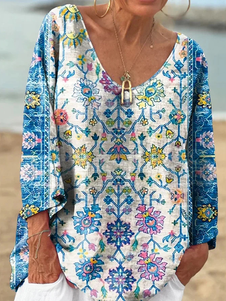 Comstylish Vintage Ethnic Flower Print V-neck Loose Linen Blend T-shirt