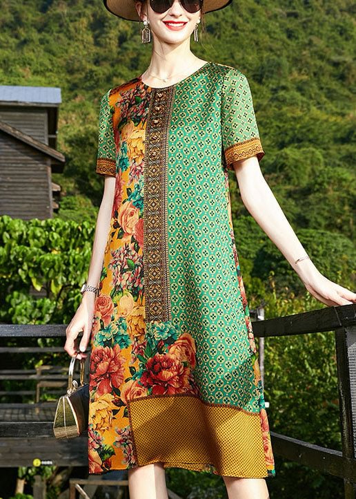 Art Green O-Neck Print Top Quality Silk Formal Dresses Short Sleeve