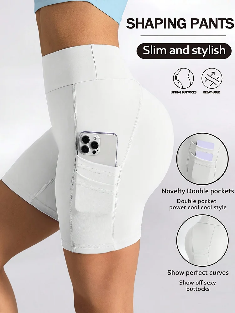 Stretchy, Breathable High-Waist Yoga & Running Shorts - Dual Pockets, Polyester Blend, Perfect For Fitness & Casual Wear, Phone Storage