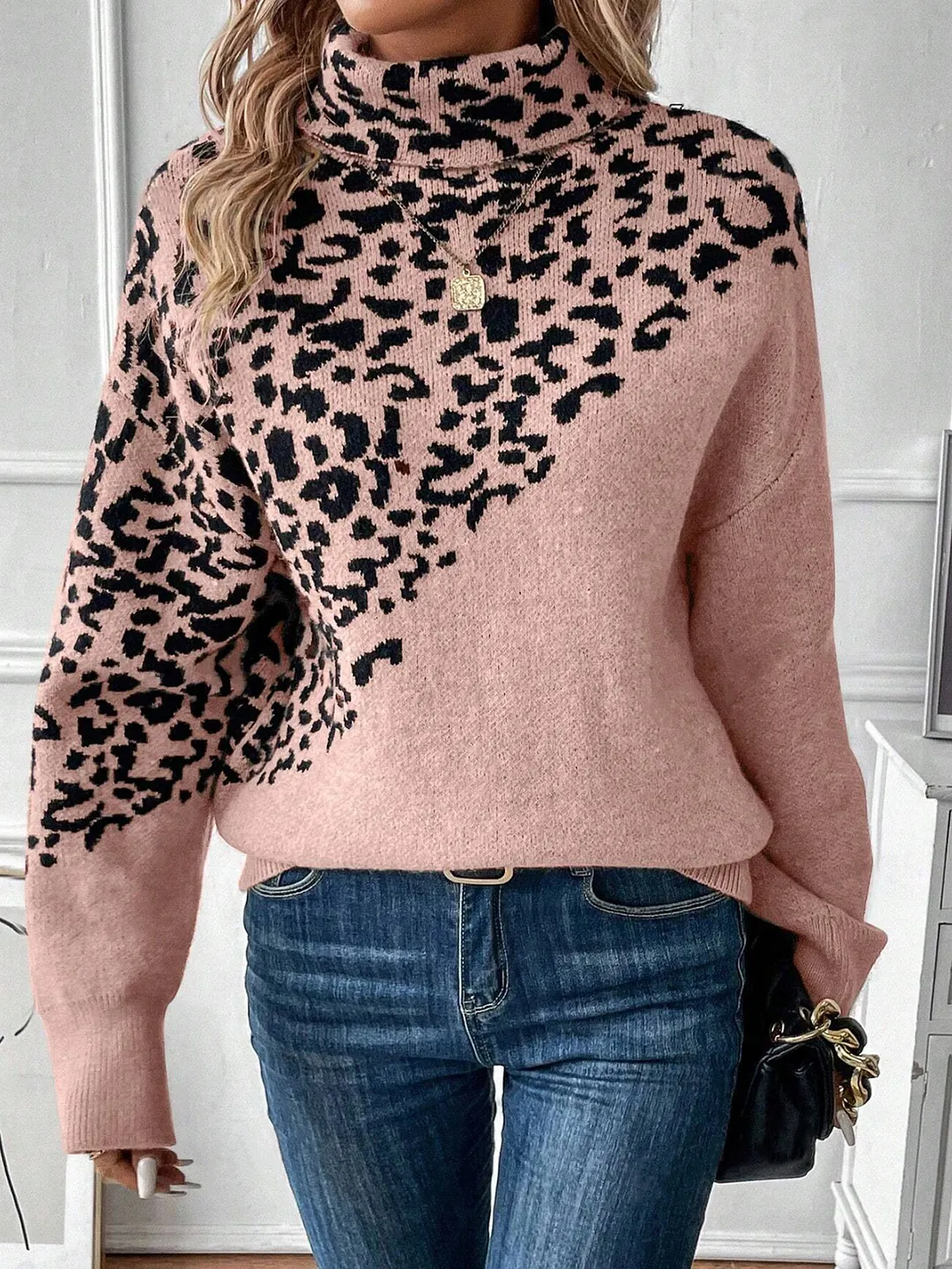 Nigikala Nigikala And Winter New Jacket Sweater High-Necked Leopard Long-Sleeved Loose Fashion Casual Knitwear