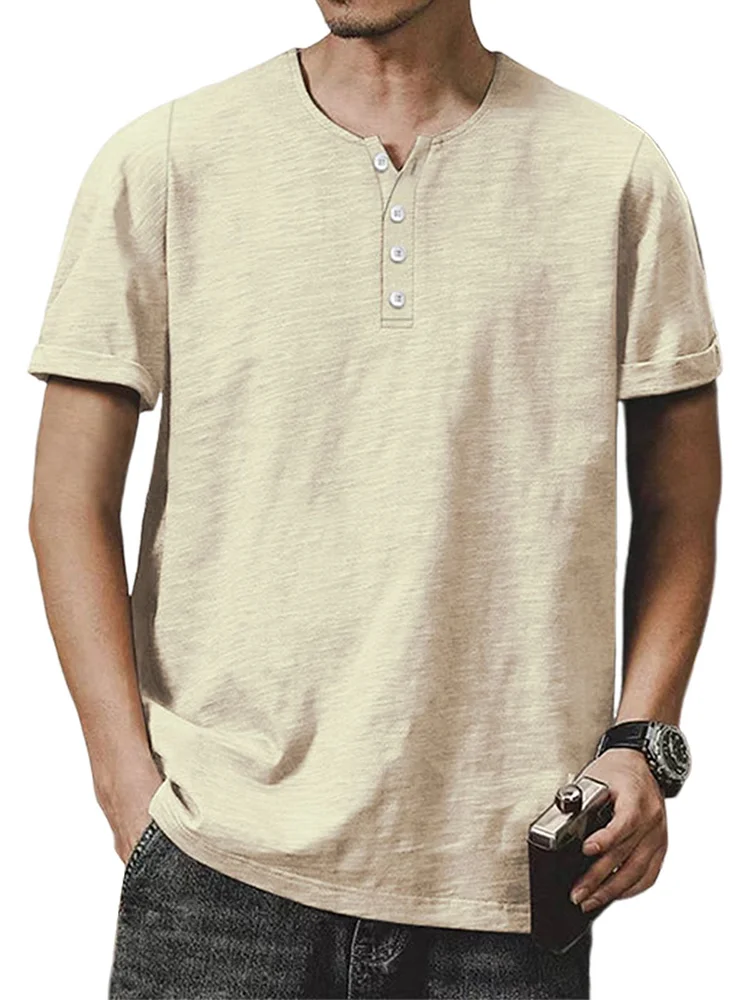 Men's stick-up Henry button-down short-sleeved T-shirt