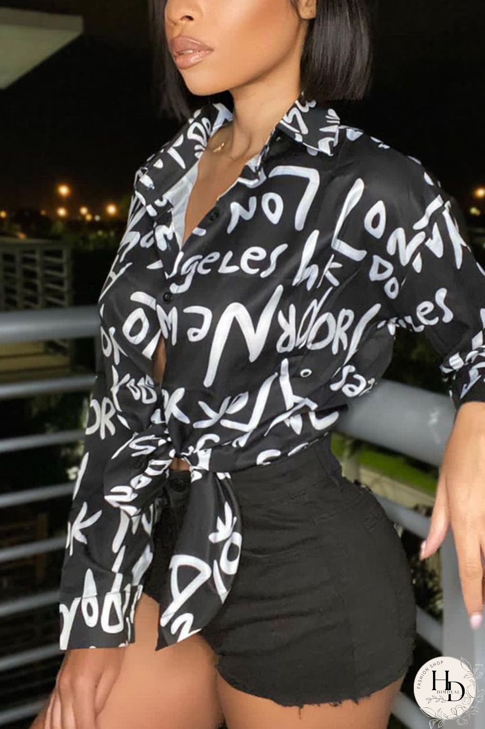 Black Fashion Casual Print Basic Turndown Collar Tops