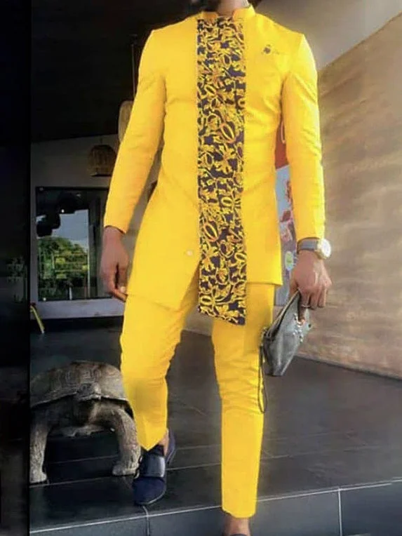 Men's fashion casual yellow print long sleeve two-piece set