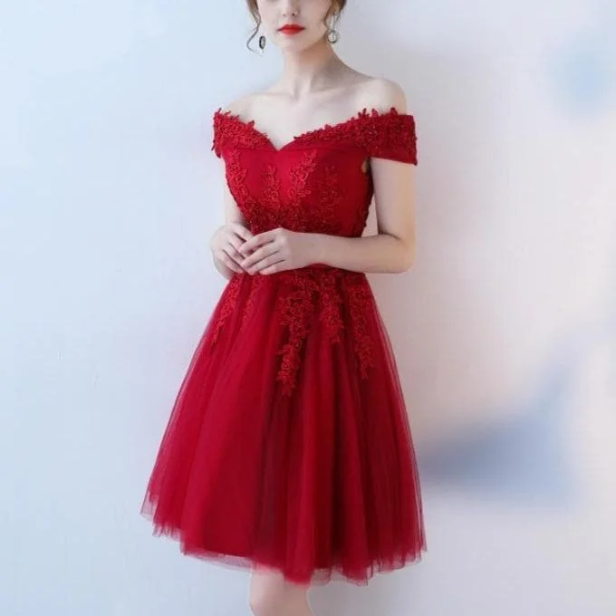 Burgundy Lace Off Shoulder Short Prom Dress, Lace Evening Dress SP15106