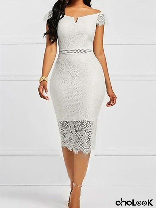 Work Dress Lace Dress Sheath Dress Fashion Lace Sleeve Midi Dress Lace Off Shoulder Short Sleeve Plain Regular Fit Black White Navy Blue Summer Spring S M L XL for Women