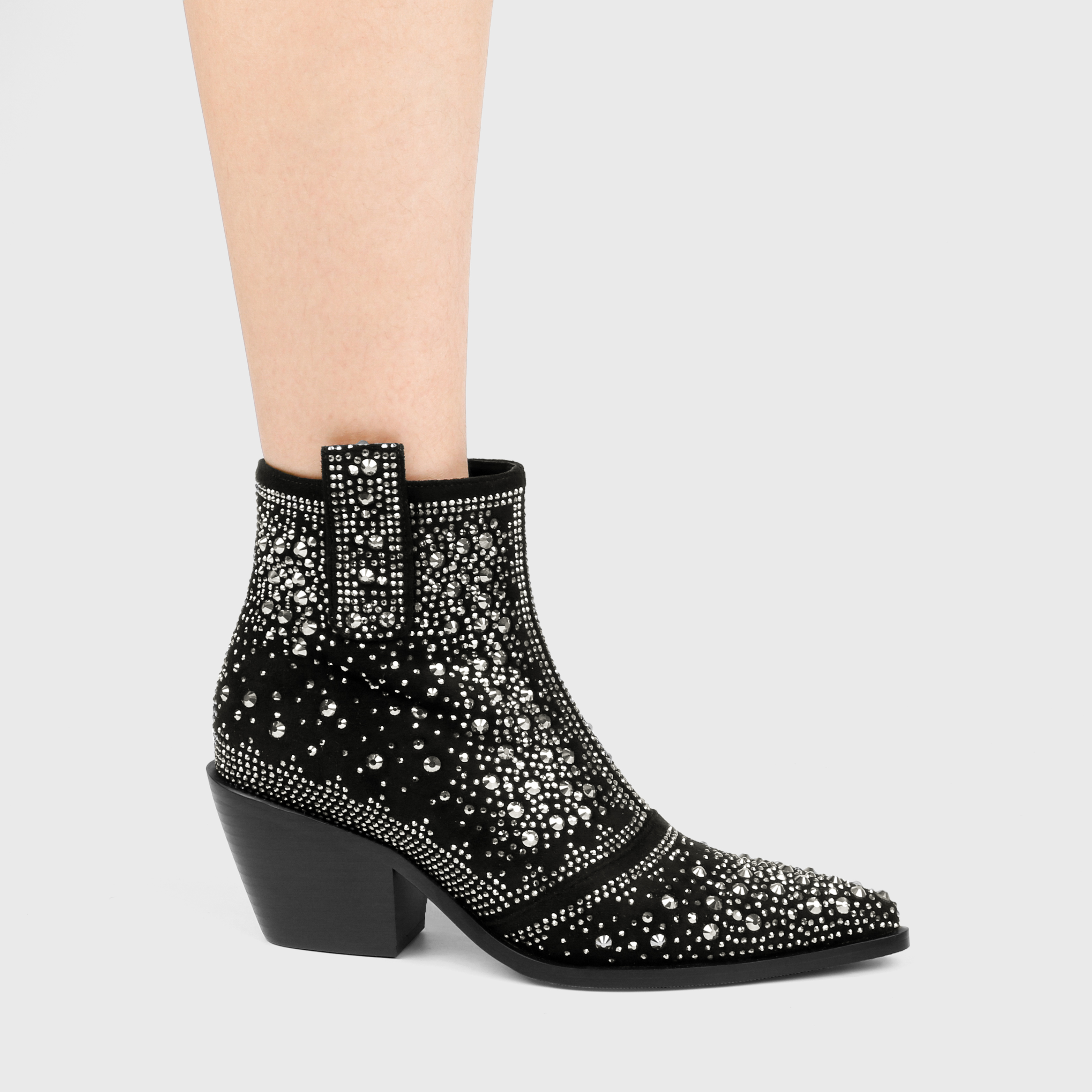 2.56" Women's Rhinestone Western Cowboy Boots Pointed Toe Block Heel Sparkly Ankle Boots-MERUMOTE