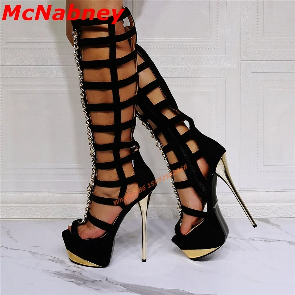 Hollow Platform Chain Sandals Boots Large Size Open Toe Solid Knee High Metal Thin High Heel Sandals Women Shoes Prom Summer