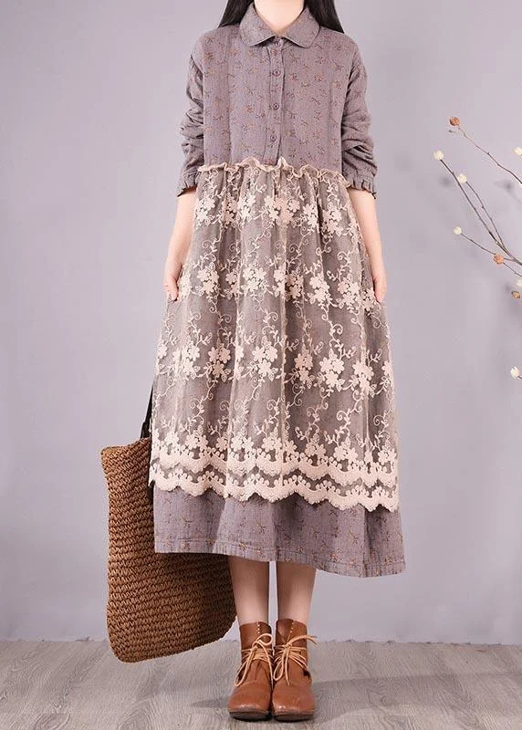 Organic Gray Print Wardrobes Patchwork Lace Long Spring Dresses
