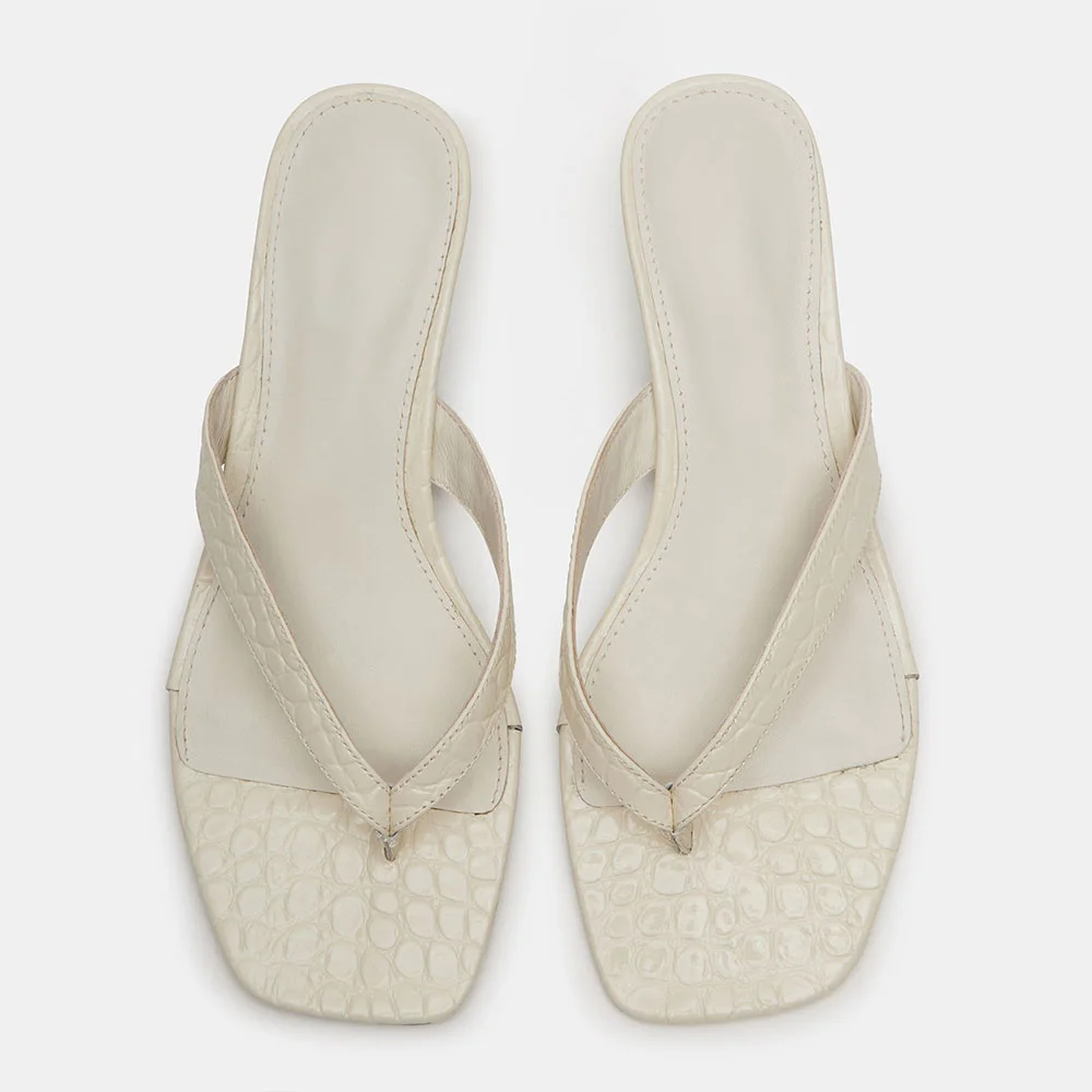 Ivory Vegan Leather Croc Embossed Kitten Heel Flip Flops for Women