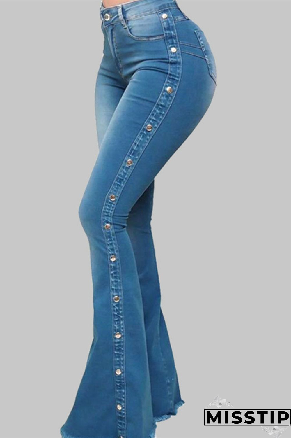 Light Blue Fashion Street Solid Rivets Patchwork Water Wash High-waisted Boot Cut Denim Jeans