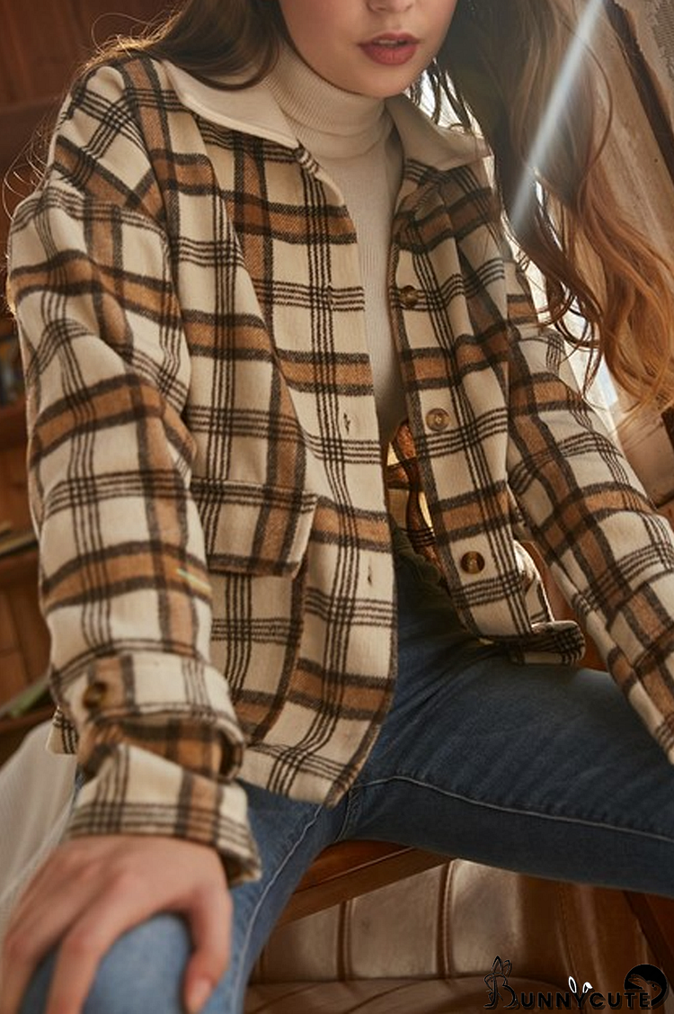 Plaid Print Double Pockets Casual Coat