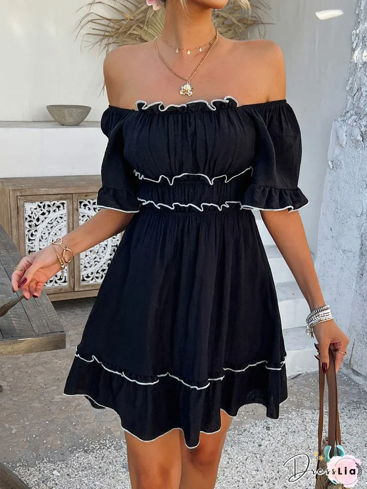 Sexy Striped V-neck Fungus Sleeve Lace-up Nightclub Dress