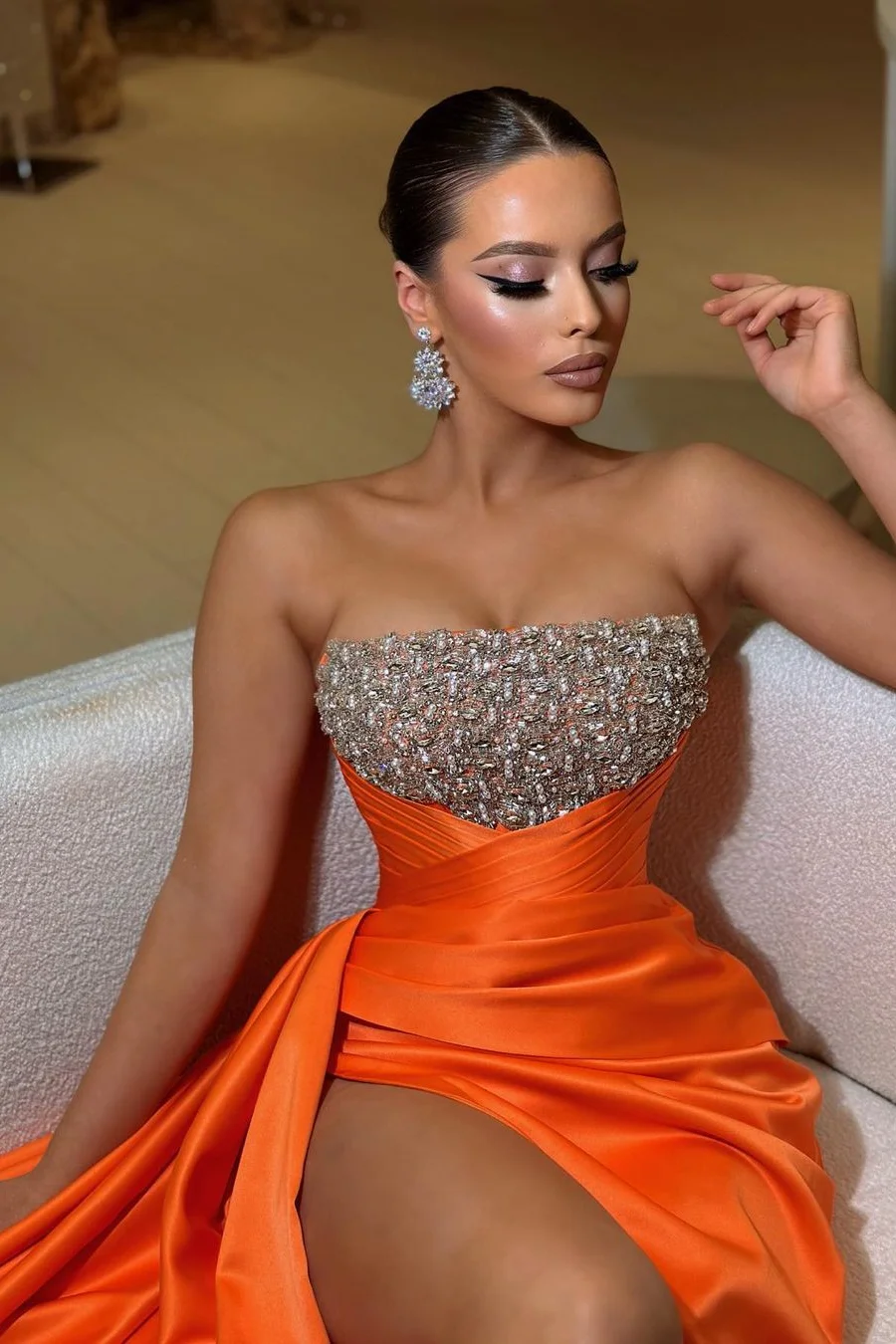 open lace back dress Amazing Long Orange Strapless Sequined Prom Dress with Slit – misshow.com