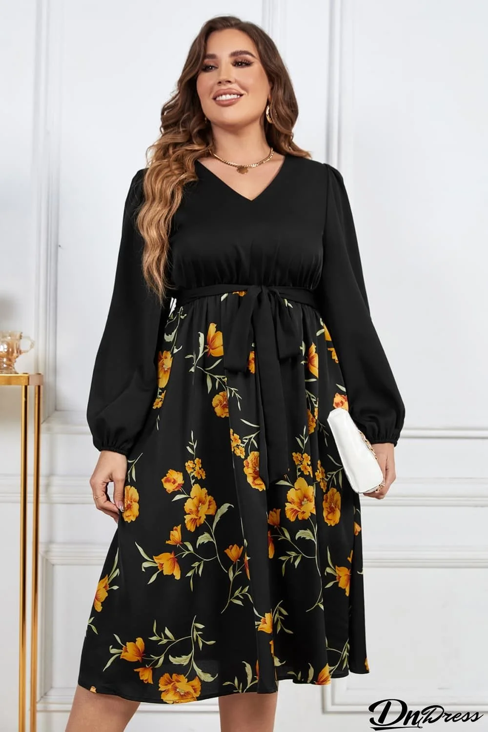 Plus Size Floral Print Tie Belt V-Neck Balloon Sleeve Midi Dress