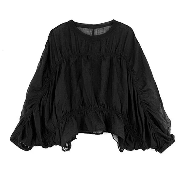 Fashion Loose Solid Color Perspective O-neck Folds Batwing Sleeve Blouse