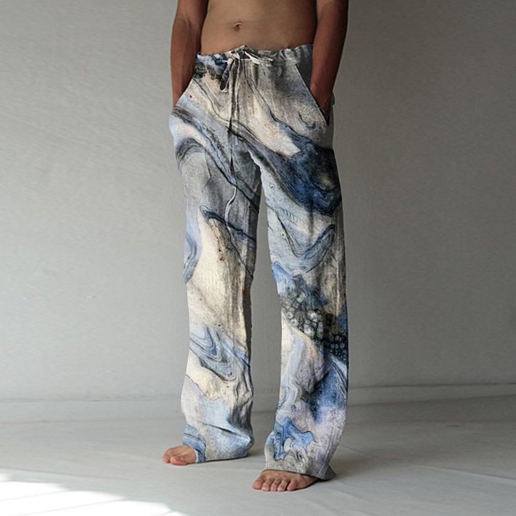 Sea waves printed cotton linen pants casual pants