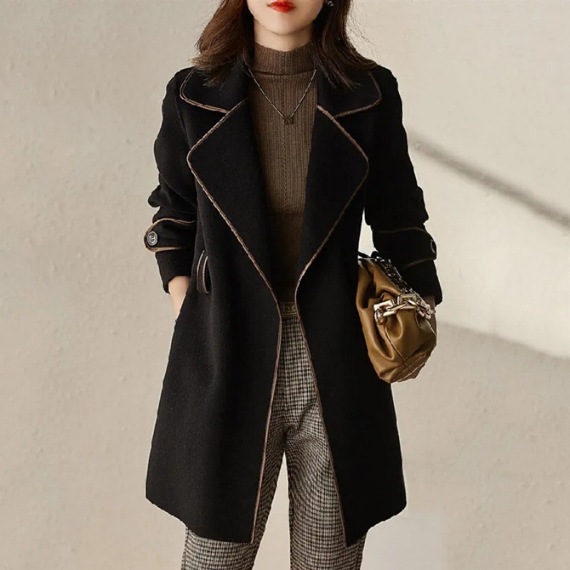 Rotimia Autumn and winter mid-length slim fit tie woolen coat
