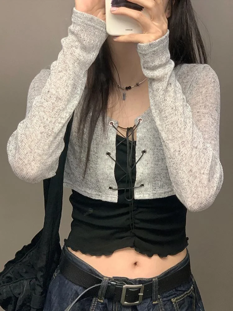 Tonngirls Grunge 2 Pieces Tops Women Casual Y2k Vintage T-shirt Long Sleeve E Girl Streetwear Lace Up Crop Tops Korean Style Tee