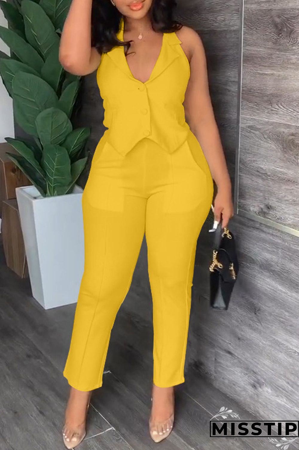 Black Casual Solid Backless Halter Sleeveless Two Pieces