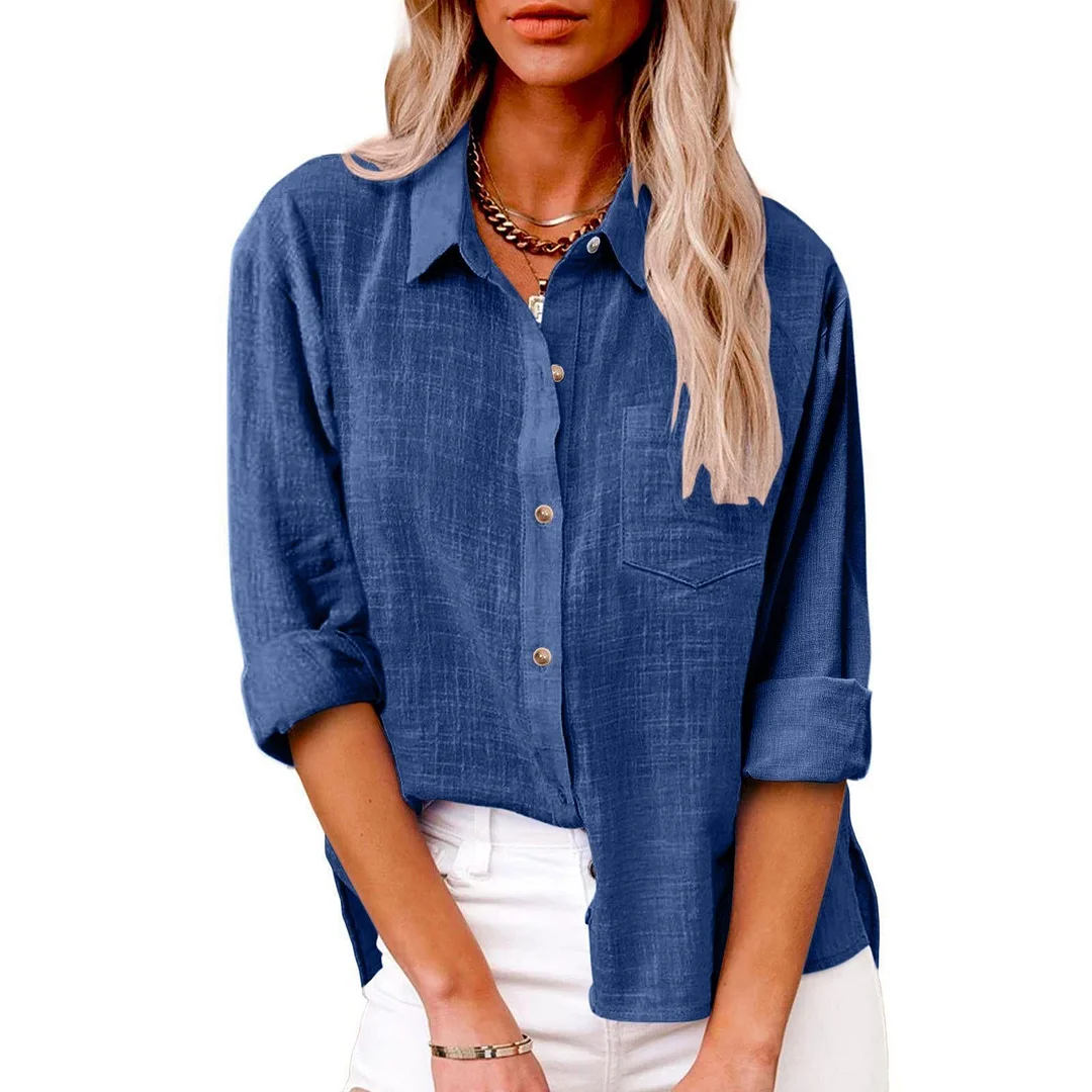 Uveng Autumn Pocket Split Linen Long-sleeved Blouses