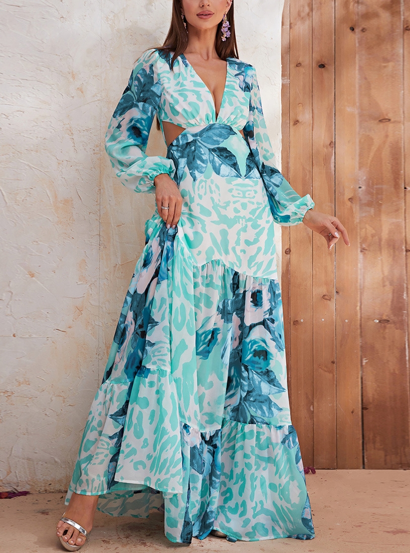 Women's Sexy Deep V Neck Leopard Print Long Sleeve Hollow Chiffon Dress | Oxredo Shop Ramadan Sale