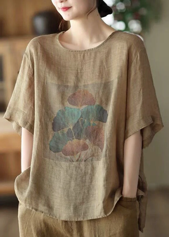 DIY Coffee O Neck Print Patchwork Linen T Shirt Summer