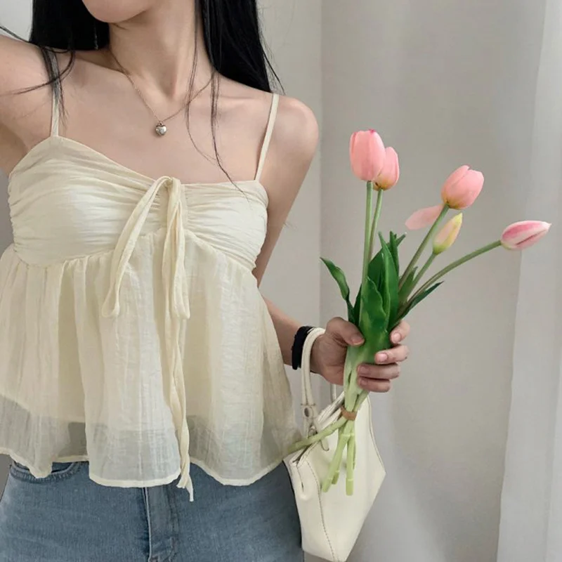 Toloer Toloer Fairy Atmosphere Sense Fold With Solid Color Small Condole Shirt 2023 New Lazy Short Back Vest Tide-Outfit Ideas
