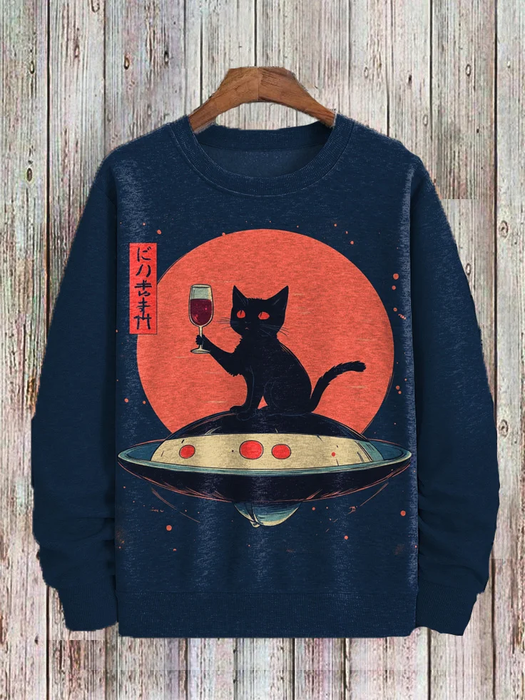Men's Sci-Fi Art UFO Black Cat Japanese Print Casual Sweatshirt