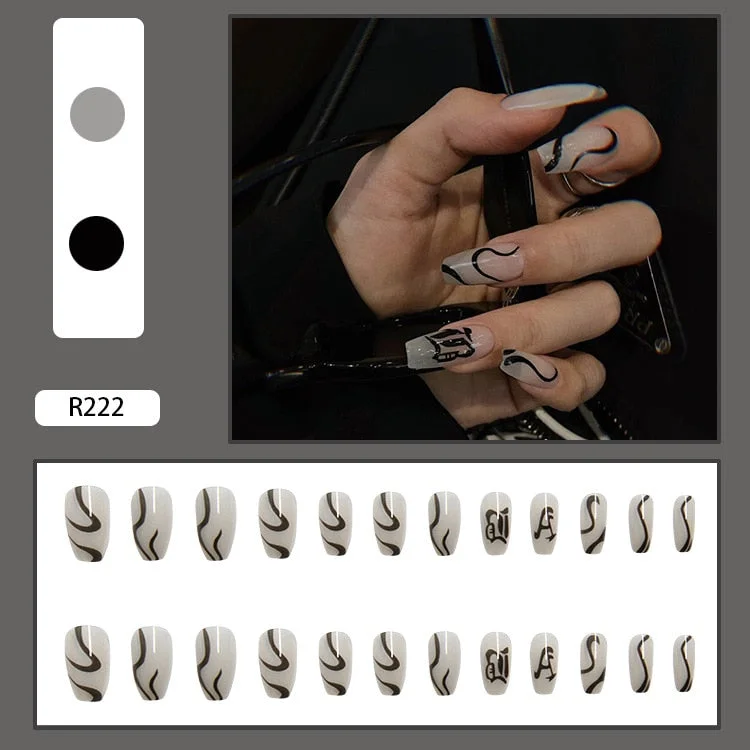 24PCS Dark Punk False Nails with Glue Gradient Long Detachable Fire Dragon  on Nails Skull Flame Art DIY Fashion Manicure Tool-Nail Inspo