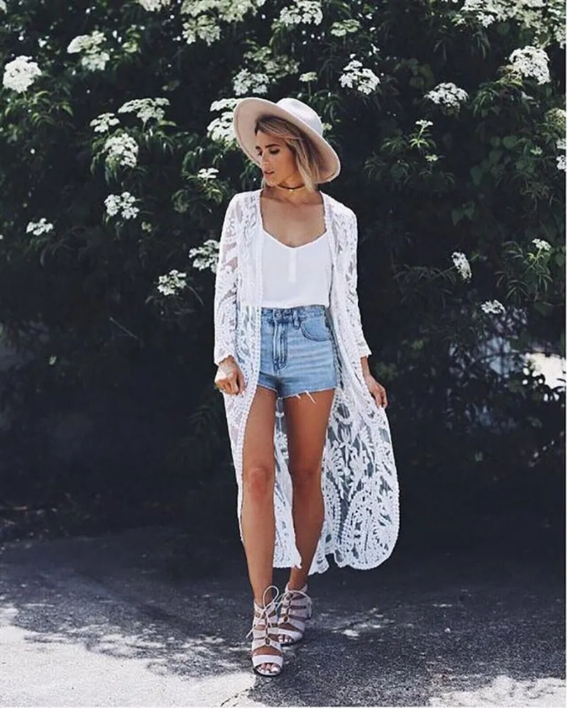 Fitshinling Bohemian White Beach Cover-Up Swimwear Sarong Embroidery Lace Kimono Sexy Transparent Long Cardigan Saida de Praia