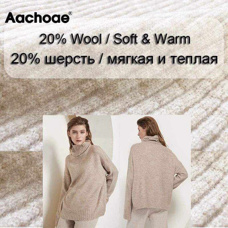 Aachoae Women Autumn Winter Knitted Turtleneck Cashmere Sweater Female Spring Autumn Pullover Jumper Sweaters Casual Loose Tops