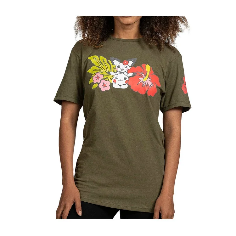 Pikachu & Pichu Military Green Relaxed Fit Crew Neck T-Shirt - Adult