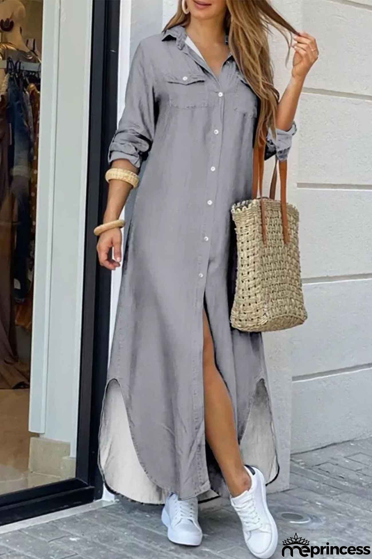 Long Sleeve Button Up Pocket Shirt Dress