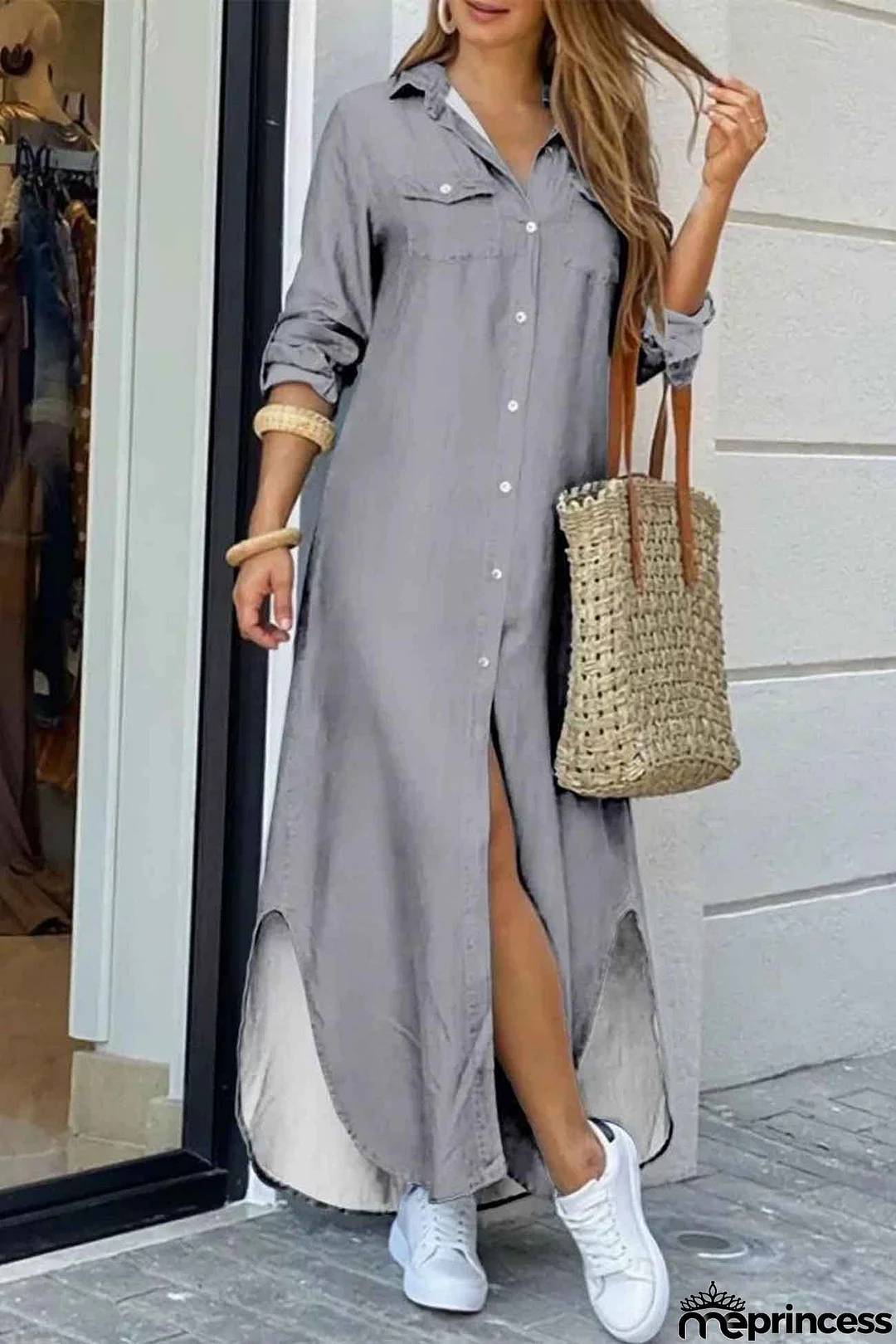 Long Sleeve Button Up Pocket Shirt Dress