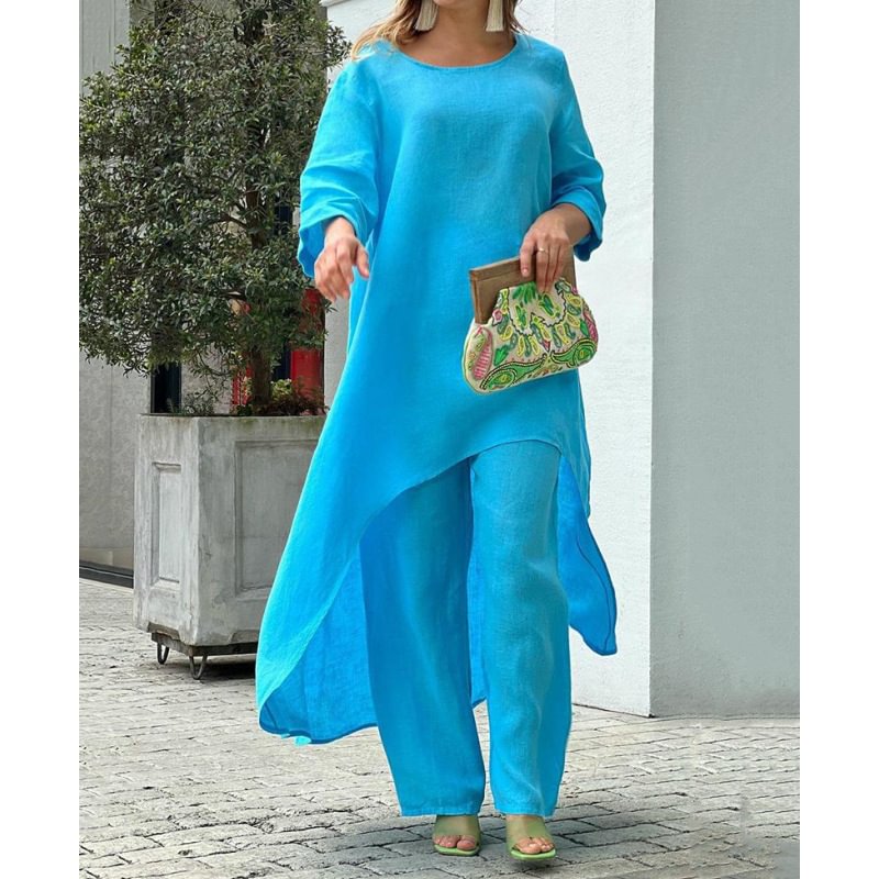 Casual Cotton Linen Irregular Long Sleeve Suit Wide Leg Pants Two Piece Set