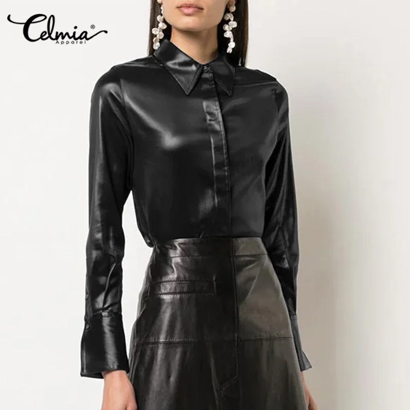 Oversized Women PU Shirts 2022 Celmia Fashion Long Sleeve Buttons Vintage Casual Leather Blouses Lapel Solid Tops Streetwear